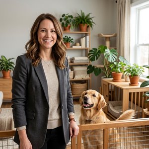 Dog trainer reviewing a pet gate setup