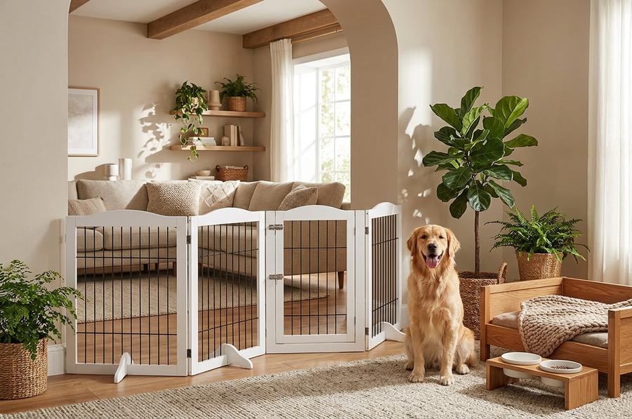 6-panel wooden pet gate forming a ring around a decorated Christmas tree in a living room,