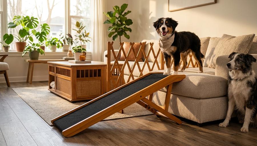 wooden folding pet ramp leading up to a bed, senior dog walking up the anti-slip surface a