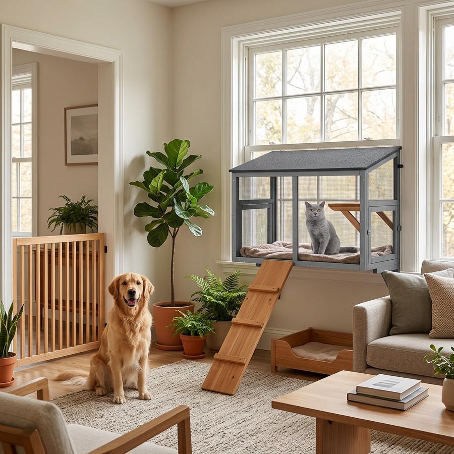 window-mounted cat catio with fine mesh outside a high-rise apartment window, cat lounging