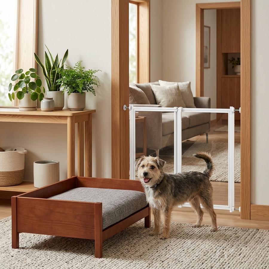 transparent acrylic pet gate in a bright hallway with a ferret visible through the clear p
