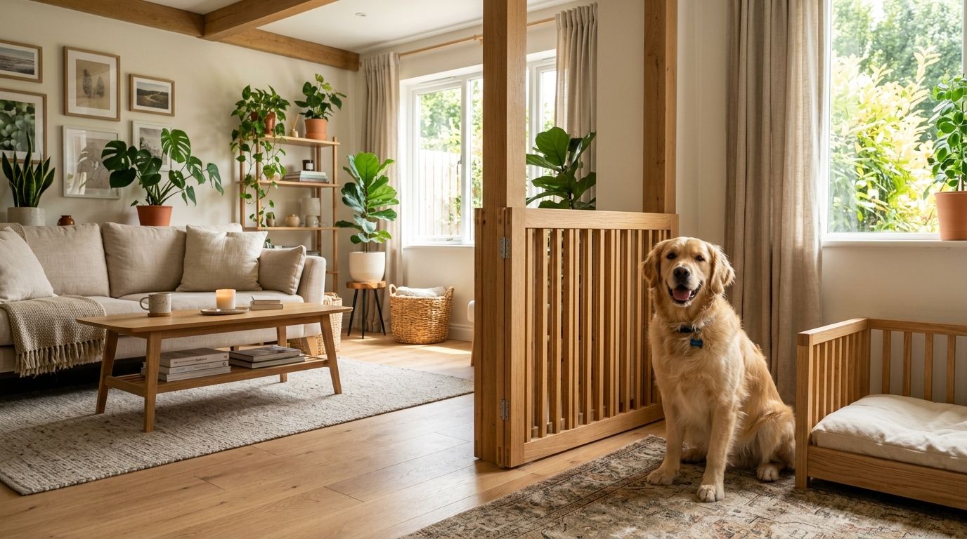 beeNbkks furniture-style pet gate in a living room